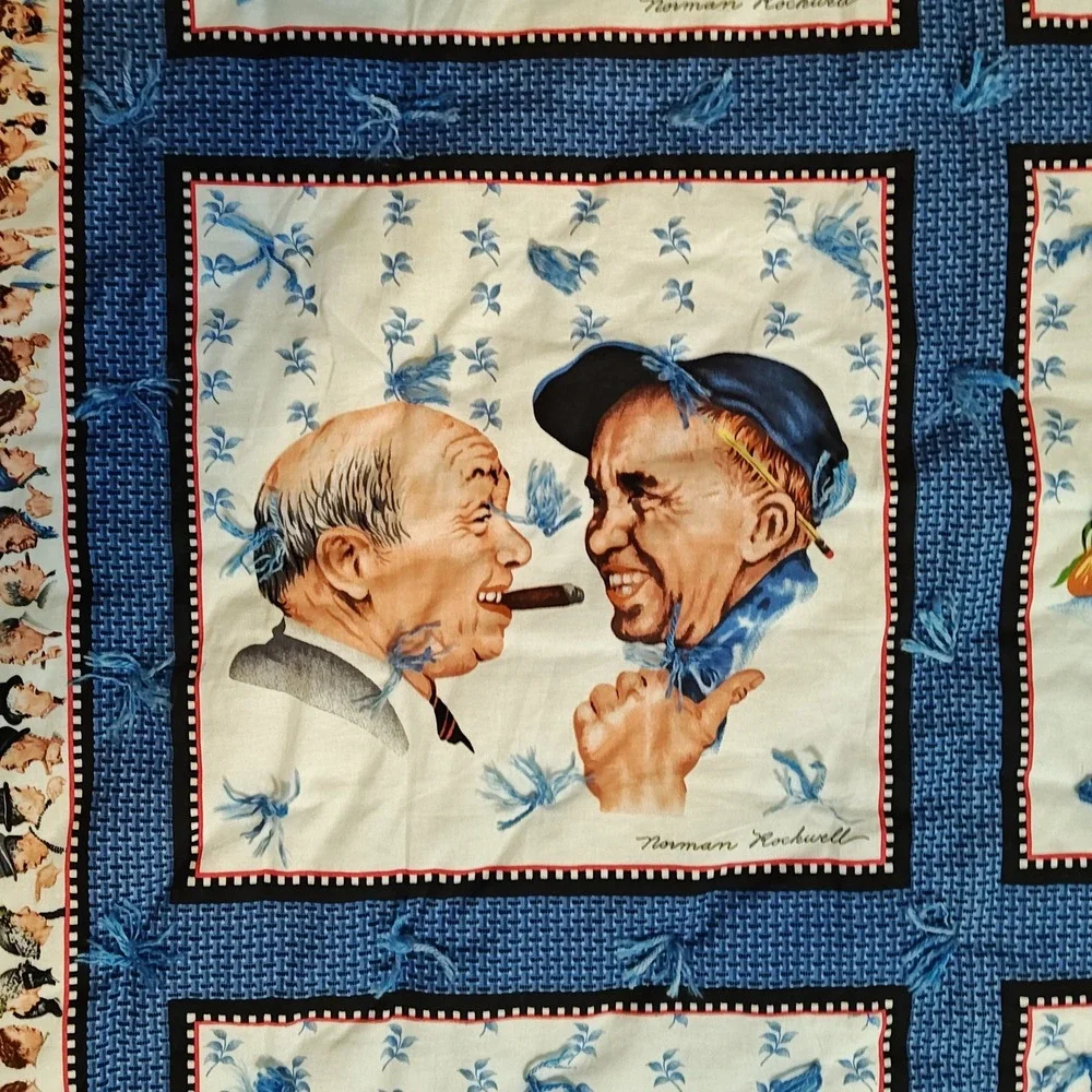 Norman Rockwell Tied Quilt wall hanging 51x43 Blue The Gossip Americana Folk Art
